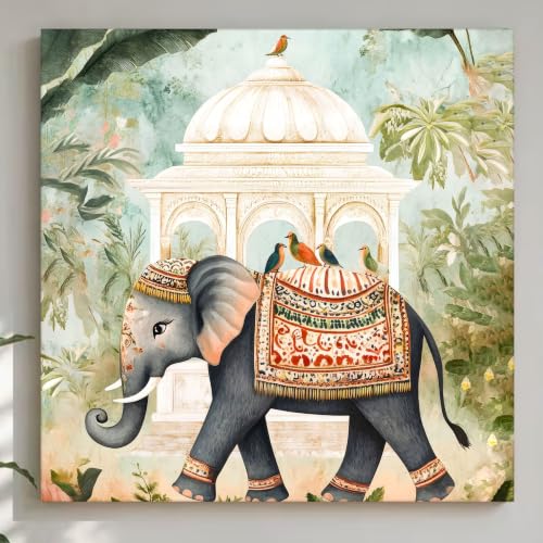 Image of PAINTINGMANTRA Classic Indian art Of Elephant in Mughal Garden | Canvas Painting Stretched on Wood | Suits For Living Room, Bedroom, Hallways (22x22 Inch)