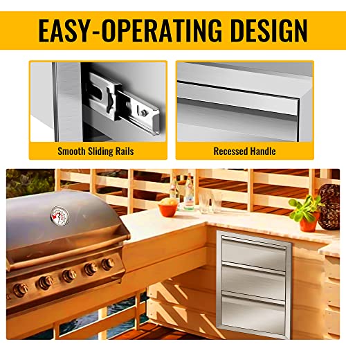 Image of Outdoor Kitchen Drawers 16 inch W x 21 inch H x 23 inch D Inch Stainless Steel Flush Mount BBQ Triple Drawers for Outdoor Kitchen Island, or Patio Grill Station