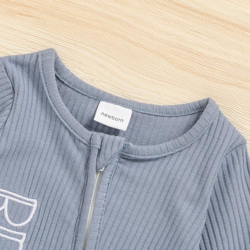 Newborn Baby Boy Fall Winter Outfits Zippered Romper Letter Embroidered Coming Home Jumpsuit with Hat Mittens3