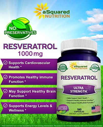 Asquared Nutrition 100% Natural Resveratrol - 1000Mg Per Serving Max Strength (180 Capsules) Antioxidant Supplement thumb #2