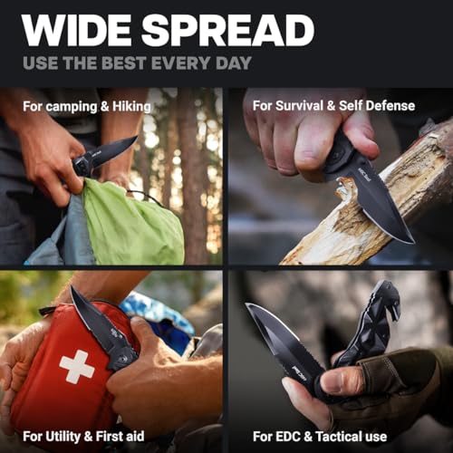 pocket knife for men - 3in1 multi tool knife - wire cutter glass breaker serrated sharp 3534 blade - tactical spring assisted folding knives for hunting camping - best gift idea for men women hb 207