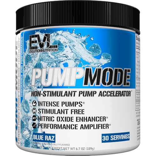 EVL PumpMode Nitric Oxide Supplement - Nitric Oxide Booster Pump Pre Workout Powder with Glycerol and Betaine for Muscle Recovery Growth and Endurance - Stim Free Pre Workout Drink (Blue Raz)