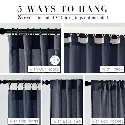 Image of XTMYI Indigo Blue Curtains 108 Inches Long for Living Room 2 Panels Set Back Tab Hook Pleat Linen Extra Long Sheer Curtain Drapes for Dining Room,Total Wide 100 x 108 Inch Length,Dark Navy
