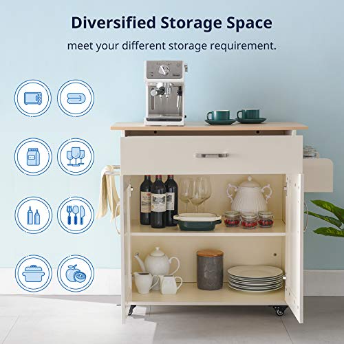 Cozy Castle Kitchen Island on Wheels Kitchen Cart Trolley with Storage, Drawers, Cabinet, Towel Rack and Wood Top Kitchen Cart for Home Hotel Kitchen Dinning Room (White)