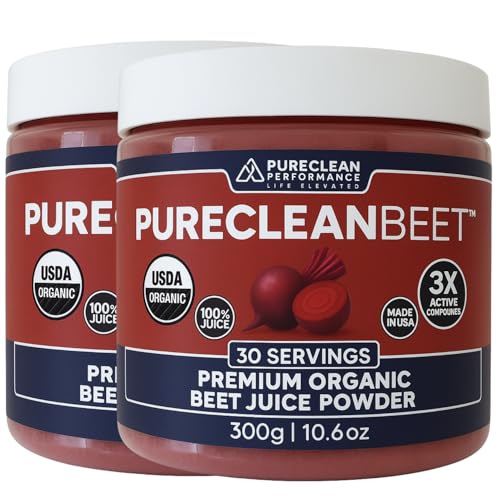 Image of PureClean Organic Beet Juice Powder - Nitric Oxide Supplement - 100% USA Grown Beets - Organic Beet Root Powder 30 Servings, 300g (2 Jars 60 Servings)