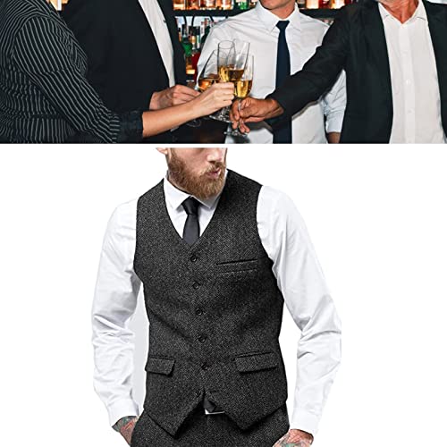 Men's Retro Herringbone Jacket Vest Tweed V Neck 6 Buttons Suit Waistcoat Gilet with 3 Real Pockets for Wedding Work Prom ( Color : Brown , Size : 3X-Large )4
