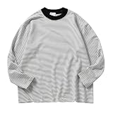 [FOMANSH] メンズ 細ボーダー Tシャツ ロングスリーブ ゆったり ラウンドネック コットン カジュアル