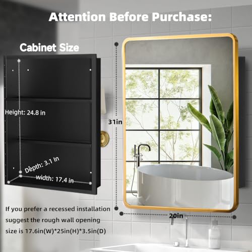 Image of Movo 20x31 Inch Recessed or Surface Mount Medicine Cabinet with Mirror Aluminum Metal Framed Bathroom Mirror Medicine Cabinet Rectangle Storage Cabinet Gold