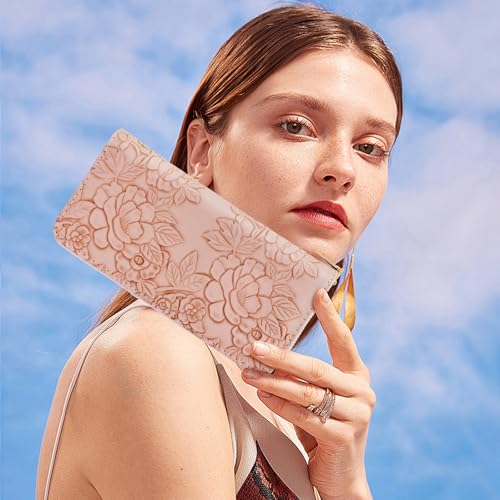 Womens Wallet, PU Material Zipper Wallets for Women, Long Wallet for Woman with Flower Patterns, Fashion Clutch Women Wallet for Travelling, Dating, Shopping (Pink)
