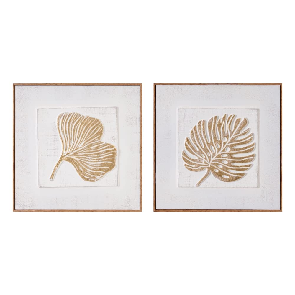 LOLAhome Set de 2 Cuadros de Hoja en Relieve de Madera Dorados de 41x41 cm