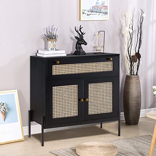 Retro Cabinet With Drawer And Closed Cupboard For Living Room,Bedroom,Entryway,Kitchen (Black+Cane Original Colour), 30X16X30 Inch #TOP2