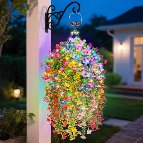 Solar Hanging Basket with Artificial Flowers: Outdoor Fake Plants Flower