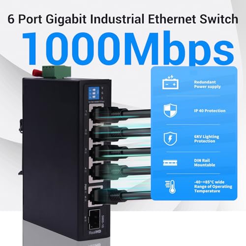 Image of Industrial Ethernet Switch, 6-Port Gigabit Ethernet Switch Hardened, 1000Mbps, 4*1 RJ45 Uplink+1 SFP Port, Din Rail & Wall Mountable (-40 to 185 F), 12Gbps Switching Capacity, with UL Power Supply
