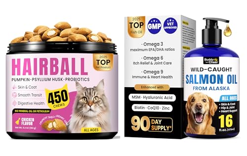 BuddyCheer Hairball & Skin Health Bundle for Cats – Hairball Remedy Treats + Salmon Oil