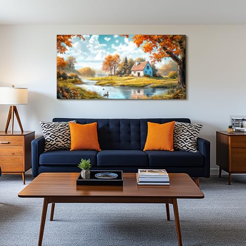 SERIMINO Fall Landscape Large Wall Art, Forest Cottage Rustic Wall Decor, Lake Duck Farmhouse Canvas Painting, Nature House Decorations Living Room Bedroom Dining Room Cottagecore Art Prints 30"X60"