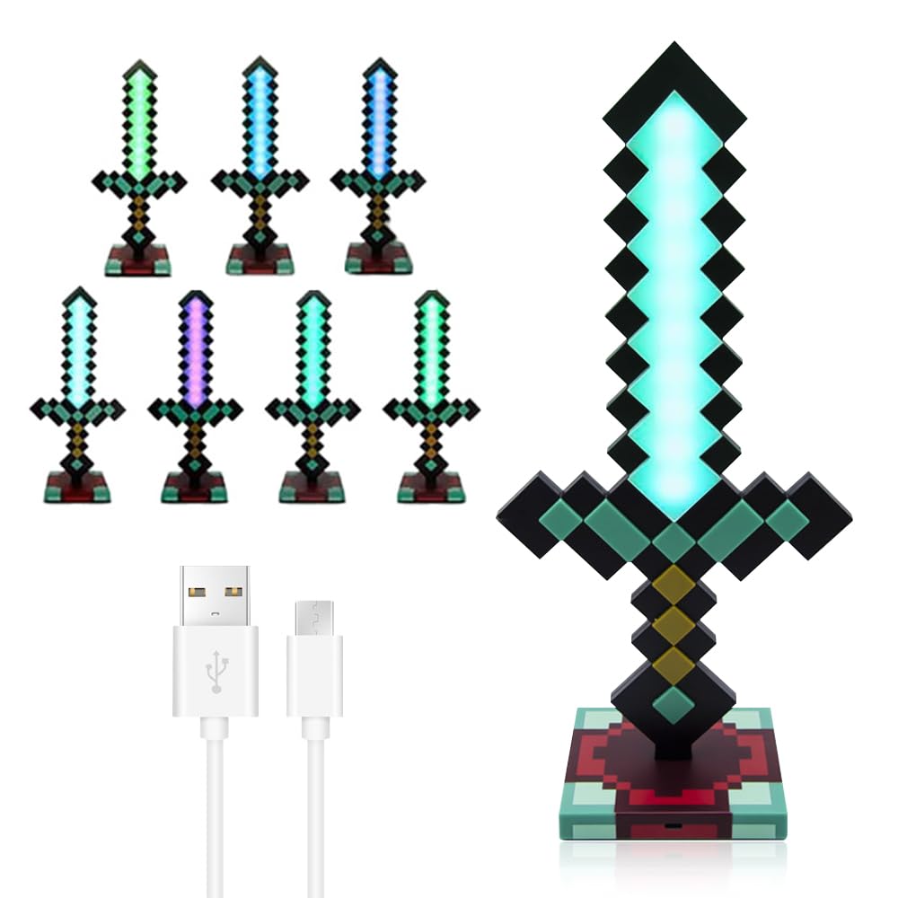 KBIBCK Diamantschwert Licht, 39 cm Diamant-Schwert Lampe Carft, Nachttischlampe Wiederaufladbare mit Sockel, Diamantschwert, Pixel Schwert mit 7 Einstellbare Farbmodi, Geschenke für Gamer (7 Farben)