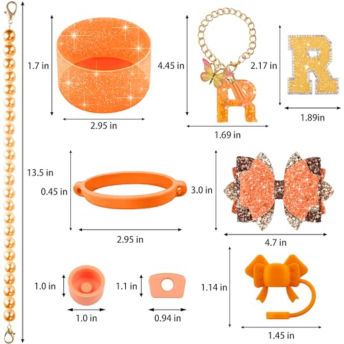 Hpebl 9PCS Orange for Stanley Cup Accessories Set Bling Initials Bow Charms for Stanley Decorations 30/40 Oz Tumbler Accessories Including Bow Straw Topper, Handle Strap, Spill Stopper（Letter R） - image 3