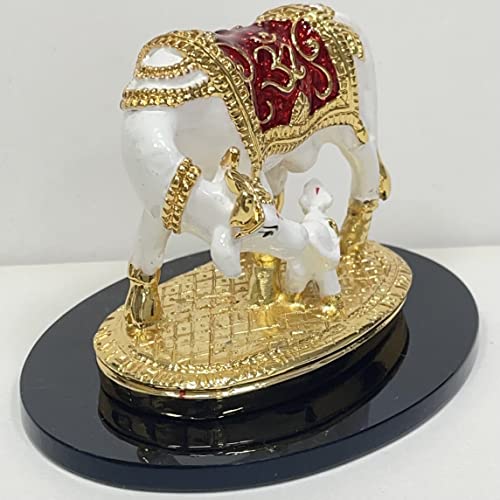 Image of Kamdhenu Cow & Calf Murti Idol-3 Inches, Polyresin Gold Plating using Electroplating | Handcrafted Showpiece Statue for Gifting, Office, Home Decor | Spiritual Vastu Figurine Sculpture