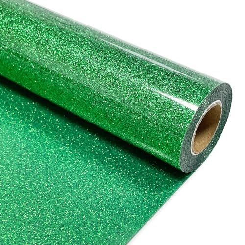 Image of Green Glitter Heat Transfer Vinyl 12 inch x 8 ft HTV for Shirts, Glitter HTV for All Cutter Machine - Easy to Cut & Weed for Heat Vinyl Design (Green)