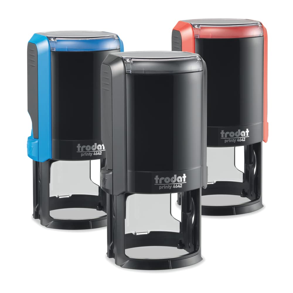 Trodat Printy 4642 Timbro Personalizzato Autoinchiostrante, Max 8 righe, Impronta ROTONDA Ø 42 mm, Rosso, Cartuccia Inchiostro Blu, per Loghi, Associazioni, Albi, Biblioteche, Shopper, Etichette