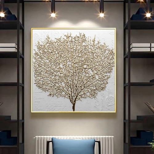 Peinture sur toile moderne arbre doré pour raviver un mur blanc de salon triste