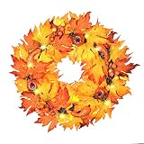 ALLADINBOX 17" Thanksgiving Wreath with LED Lights Pumpkin Berries Maple Leaves, Harvest Day Themed