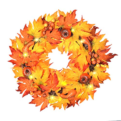 Alladinbox 17" Thanksgiving Wreath With Led Lights Pumpkin Berries Maple Leaves, Harvest Day Themed Hanging Silk Fall Door Wreath Welcome Sign For Garden Gate Home Thanksgiving Decorations #TOP22