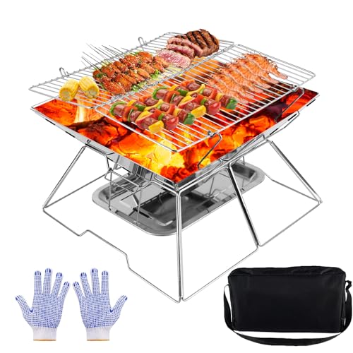 Portable Fire Pit, Stainess Steel Camping Fire Pit,Portable BBQ Firepits for Outdoors,Table Fire Pits Camping Small Charcoal bbq Grill For Garden, Outdoor, Campfire