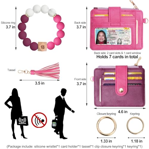Image of COOLANS Silicone Bracelet Wristlet Wallet Credit Card Holder RFID ID Window Key Ring Tassel Slim Wallet Women Keychain Purse
