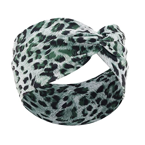 Woration Headband Yoga Leopard Print Cross Wide Elastic Headwear Head Wrap Hairband Twist Turban Knot Headwrap Hair Accessories for Women, Girls – Green