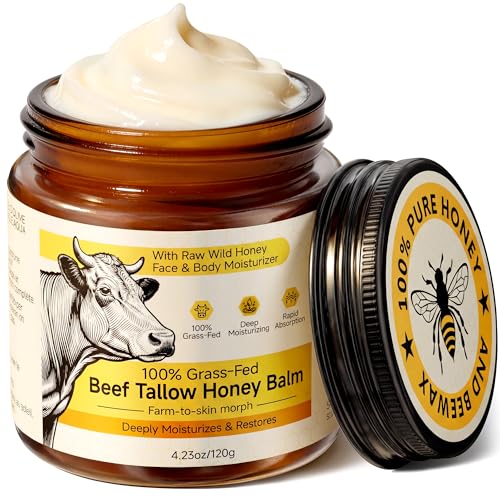 Beef Tallow for Skin & Face, Whipped Tallow and Honey Balm Cream, 100% Grass-Fed Beef Tallow Face...