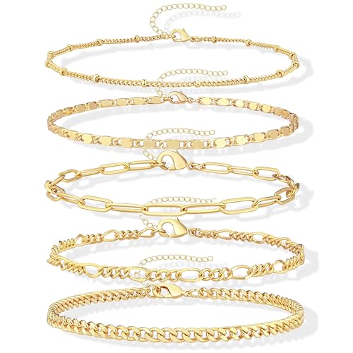 Gokeey Gold Bracelets for Women Trendy 14K Gold Plated Jewelry Sets Stack Dainty Stackable Paperclip Cuban Figaro Chain Bracelets Pack Layered Link Chain Bracelet for Women Cute 5pcs Adjustable