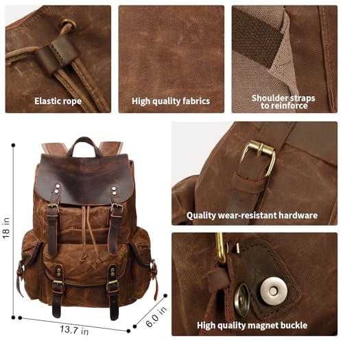 HuaChen Vintage Waxed Canvas Backpack with Genuine Leather Flap, Travel & Work Rucksack, Water-Resistant Daypack with Anti-Theft Pocket, Large (15.6"), M80 Brown - Image 4