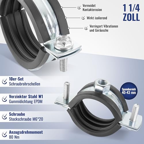 Poppstar 10x Schraubrohrschellen (Spannbereich 40-43 mm, 1 1/4\) mit Stockschrauben M8*90 und Dübeln, W1 Stahl verzinkt