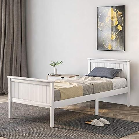 Wood Bed Frame with Headboard and Footboard, Pine Single Wooden Bed Frame for Kids, Adults, Teens, 90 x 190 cm (White) Cover