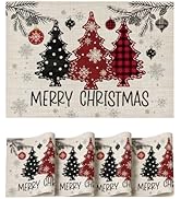 Artoid Mode Red Pine Trees Balls Christmas Vinyl Placemats Set of 4, 12x18 Inch Wipeable Winter P...