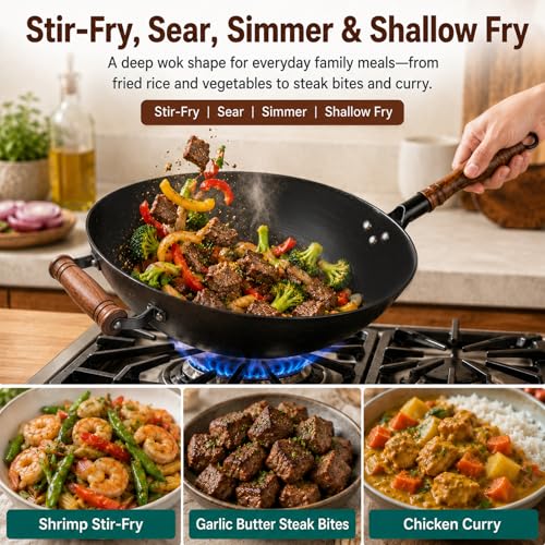WANGYUANJI 14.2 Inch Cast Iron Wok with Wooden Lid & Handle, Flat Bottom Stir Fry Wok Pan, Turtle-Pattern Textured Uncoated Large Wok Skillet for Induction, Gas & Electric (Seasoning Required) by WANGYUANJI - Used condition - Image 3