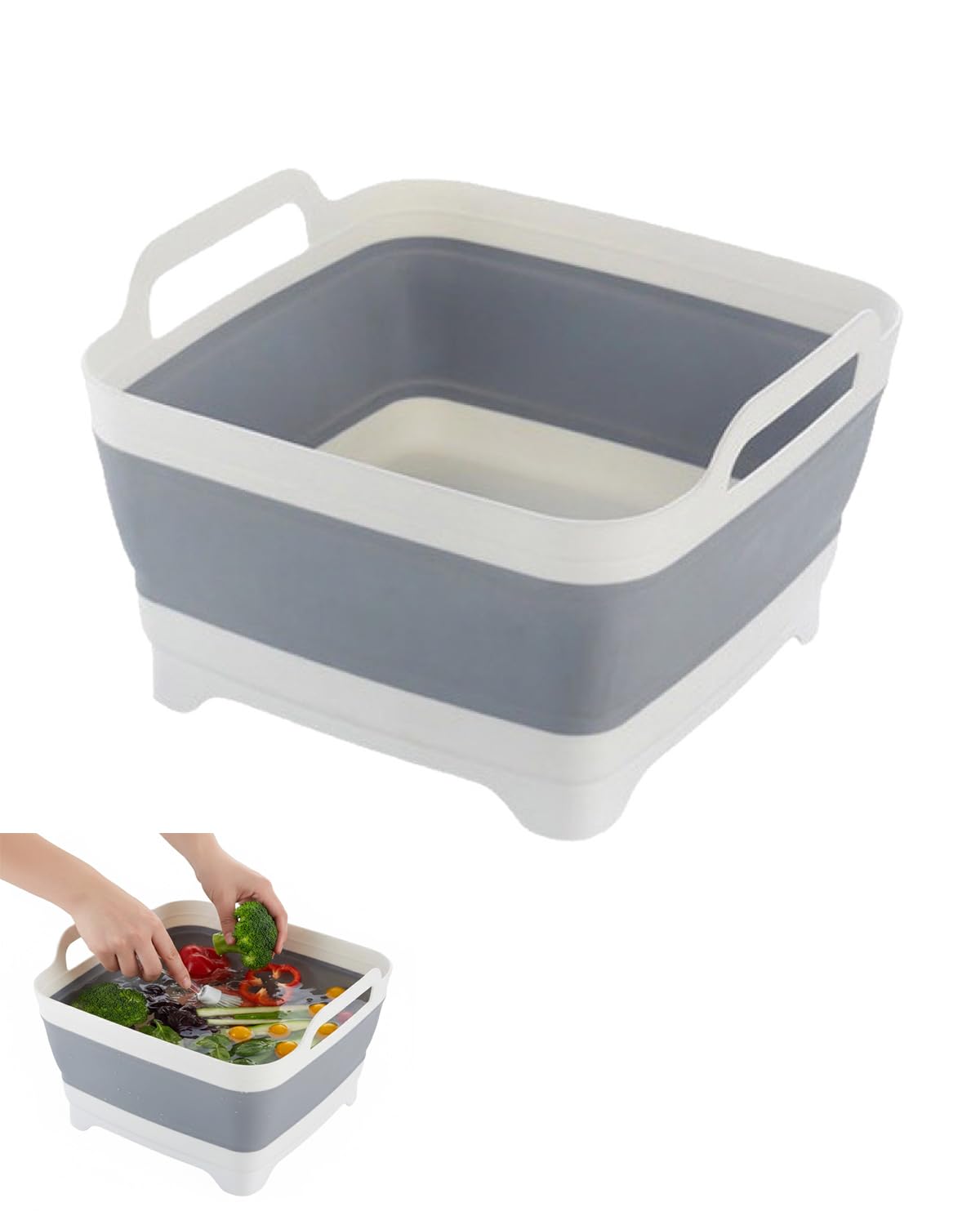 1 pz Lavandino Pieghevole, Grigio/Bianco Salvaspazio con Scarico | Robusto per Camper, Cucina, Outdoor, Ideale per lavare Frutta, Verdura, Piatti