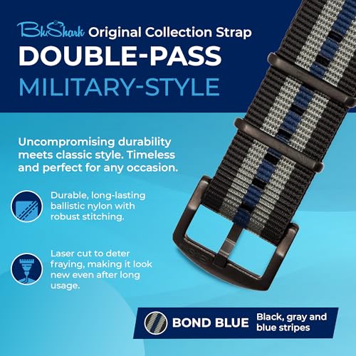 Image of BluShark - Original Collection Military-Style Waterproof Watch Strap, Fits All Timepiece Brands, Durable Nylon Wristwatch Accessories with Stainless Steel Buckle - 18mm, 20mm, 22mm & 24mm Watch Bands