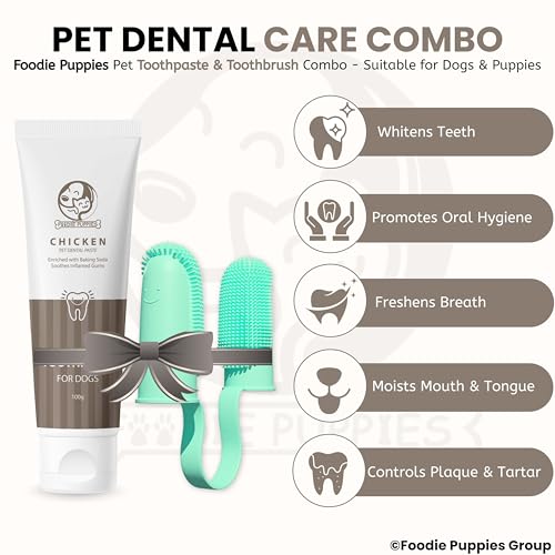 Image of Foodie Puppies Pet Dental Care Combo of Toothbrush and Toothpaste - (Couple Toothbrush + Chicken Toothpaste, 100gm) Enriched with Baking Soda Soothes Inflame Gums and 2in1 Finger brush