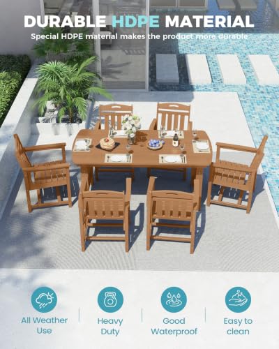 Image of Ciokea HDPE Outdoor Dining Set of 6, Patio Table and Chairs Sets, Teak