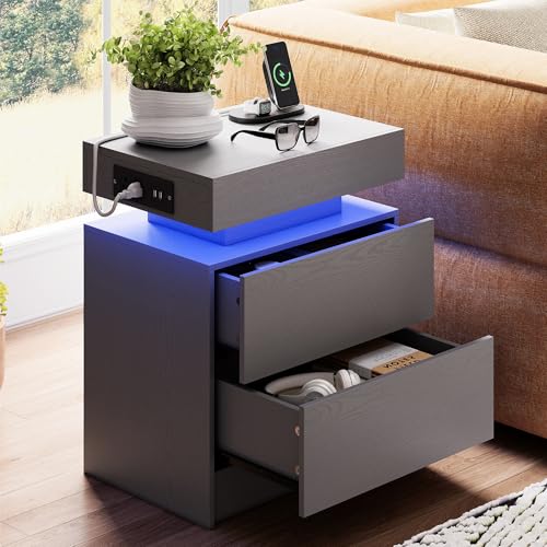 LIKIMIO Nightstand with Charging Station LED Light and 2 Drawers Grey