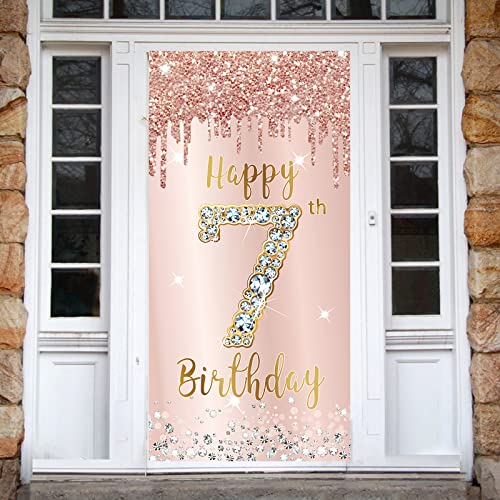 Image of 7th Birthday Door Banner Decorations for Girls, Pink Rose Gold Happy 7 Door Cover Sign Party Supplies, Seven Year Old Backdrop Poster Background Decor