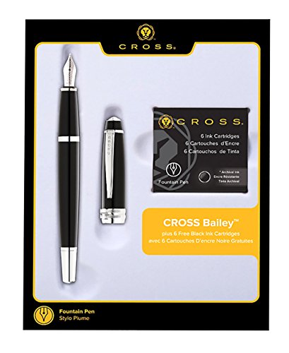 Cross Bailey Lacquer Black Fountain Pen, Medium + 6 Fountain Pen Cartridges (Black)