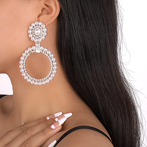 Chargances Boho Baroque Round Pearl Hoop Dangle Earrings Dainty Sparkling Crystal Circle Drop Dangle Earrings Fashion Stud Earrings For Women And Girls Gift Party (Silver) #TOP1