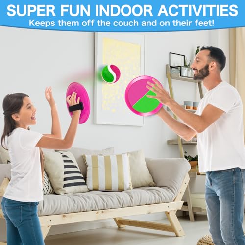 Outdoor Toys for Kids Ages 4-8, Toss Game Set for 3 4 5 6 7 8 -12 Year Old Boys Girls, Outside Catch Ball Toys for Pool, Beach, Yard - Toddlers Birthday Gifts Easter Basket Stuffers(4 Pink Paddles)
