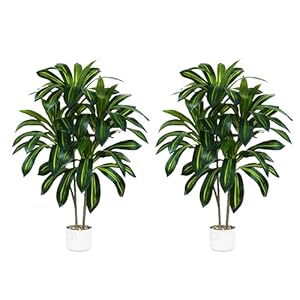 2 Pack Artifical Dracaena Tree Indoor, 4FT Tall Fake Floor Plants with White Planter & Pebbles, Fuax Silk Yucca Tree for Home Office Living Room Bedroom Farmhouse Modern Outdoor Topiary Tree