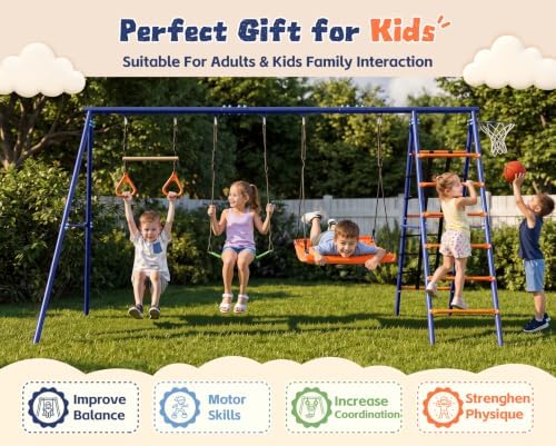 Swing Sets for Backyard 600 lbs - 6 in 1 Swingset Outdoor for Kids, Heavy Duty A-Frame Metal Swing with 2 Seat Saucer & Belt Swing, Ring Trapeze Bar Climbing Net Ladder Basketball Hoop Playground Sets — view 6