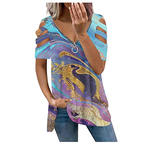 Shirt Femme Tunique Comfy Polyester Formation Chemisier Respirant Ete Manche Court Tee-Shirt Femmes Imprimé Humour Plissee Col V Violet Clair