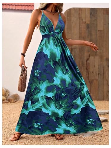 Image of MakeMeChic Women's Boho Maxi Dress Summer Luau Outfits Beach Wedding Guest Backless Sundress Flowy Resort Wear